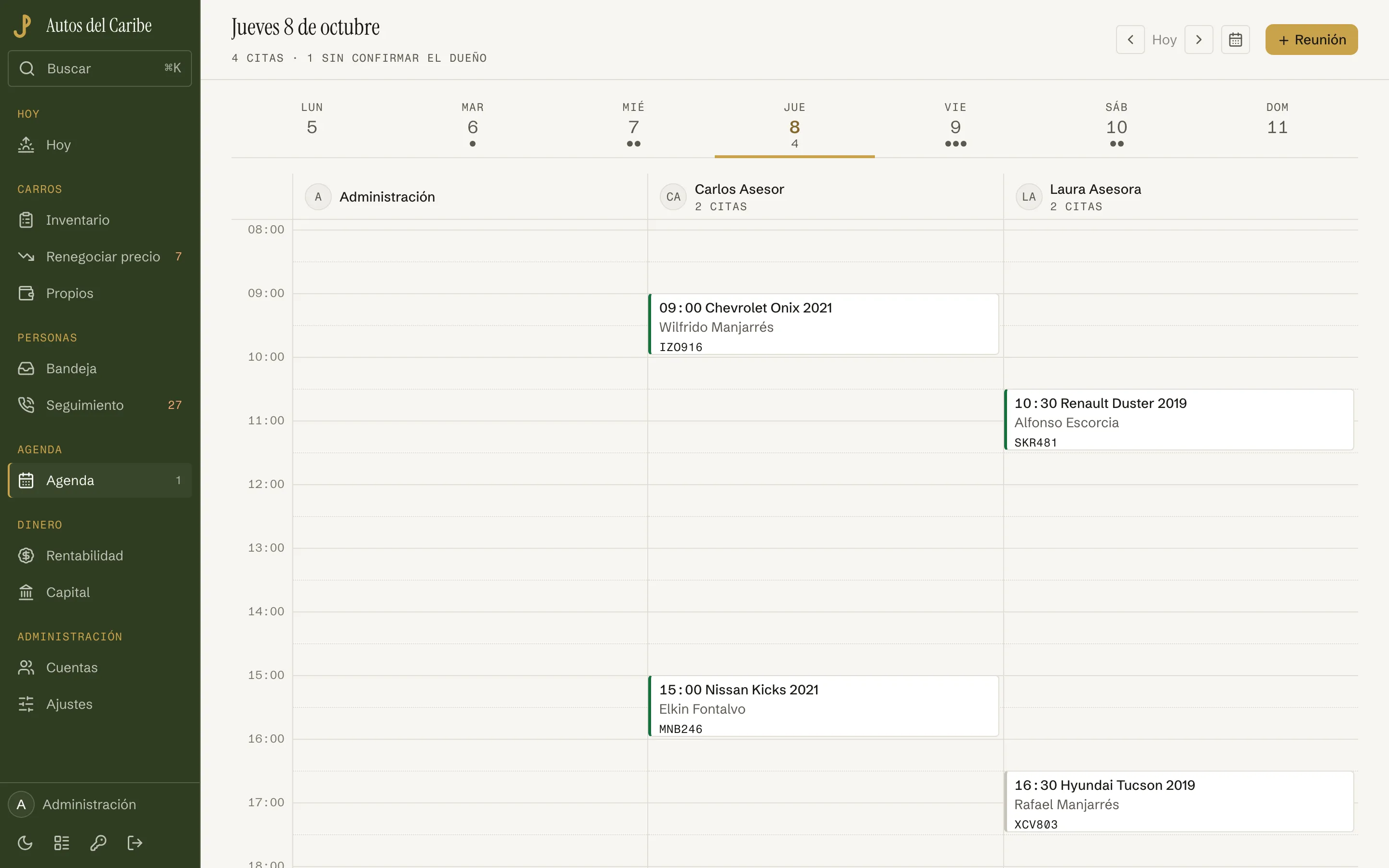 Agenda del día con las visitas de cada asesor, el carro y el interesado