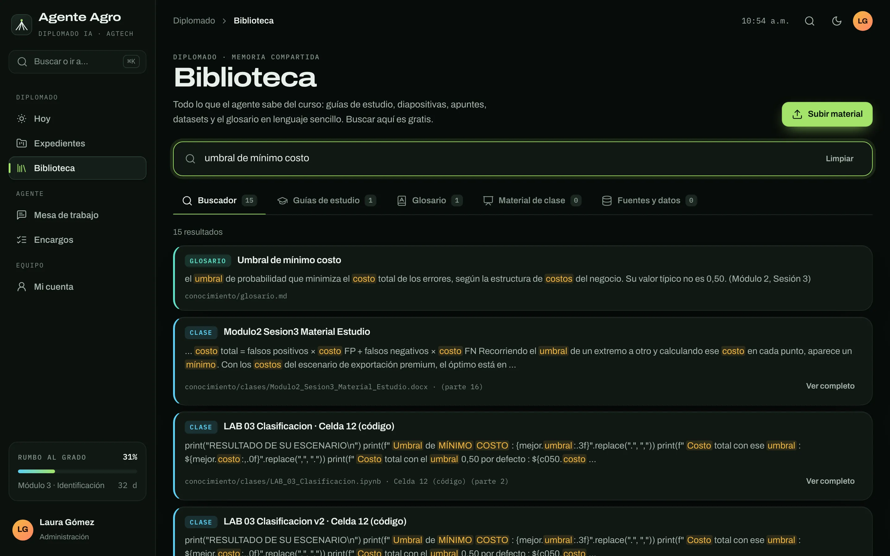 Biblioteca con la búsqueda «umbral de mínimo costo»: resultados del glosario, del material de clase y de un cuaderno de Colab, con las palabras resaltadas