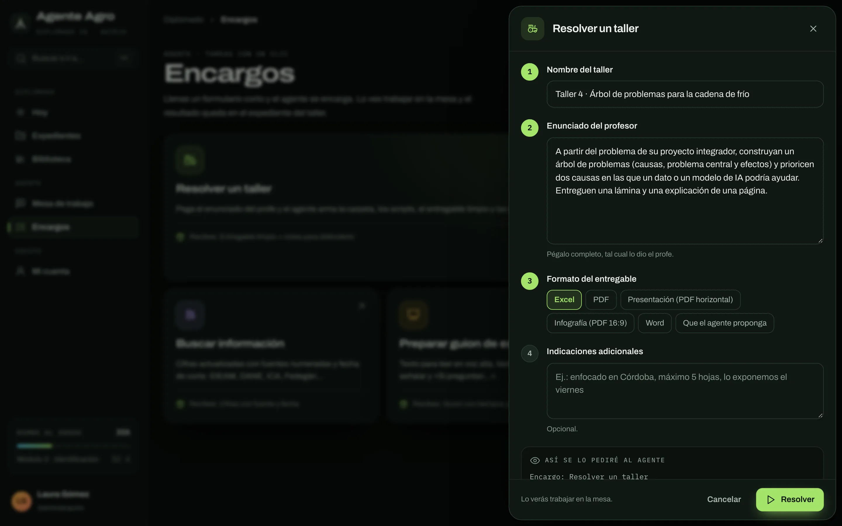 Cajón «Resolver un taller» con el nombre del taller, el enunciado del profesor, el formato del entregable y la vista previa del pedido al agente