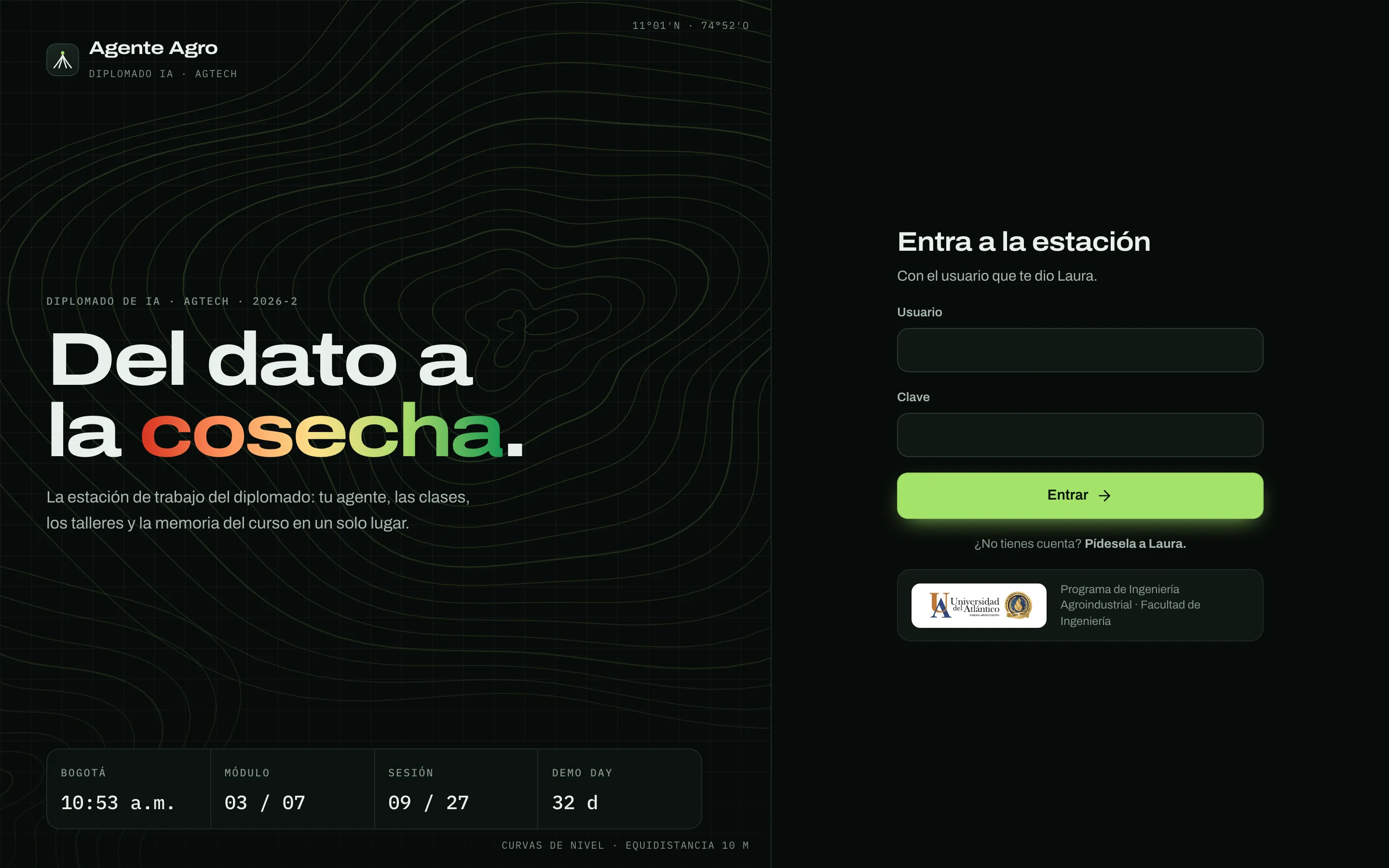 Pantalla de ingreso del Agente Agro: «Del dato a la cosecha», con el módulo, la sesión y los días que faltan para el Demo Day